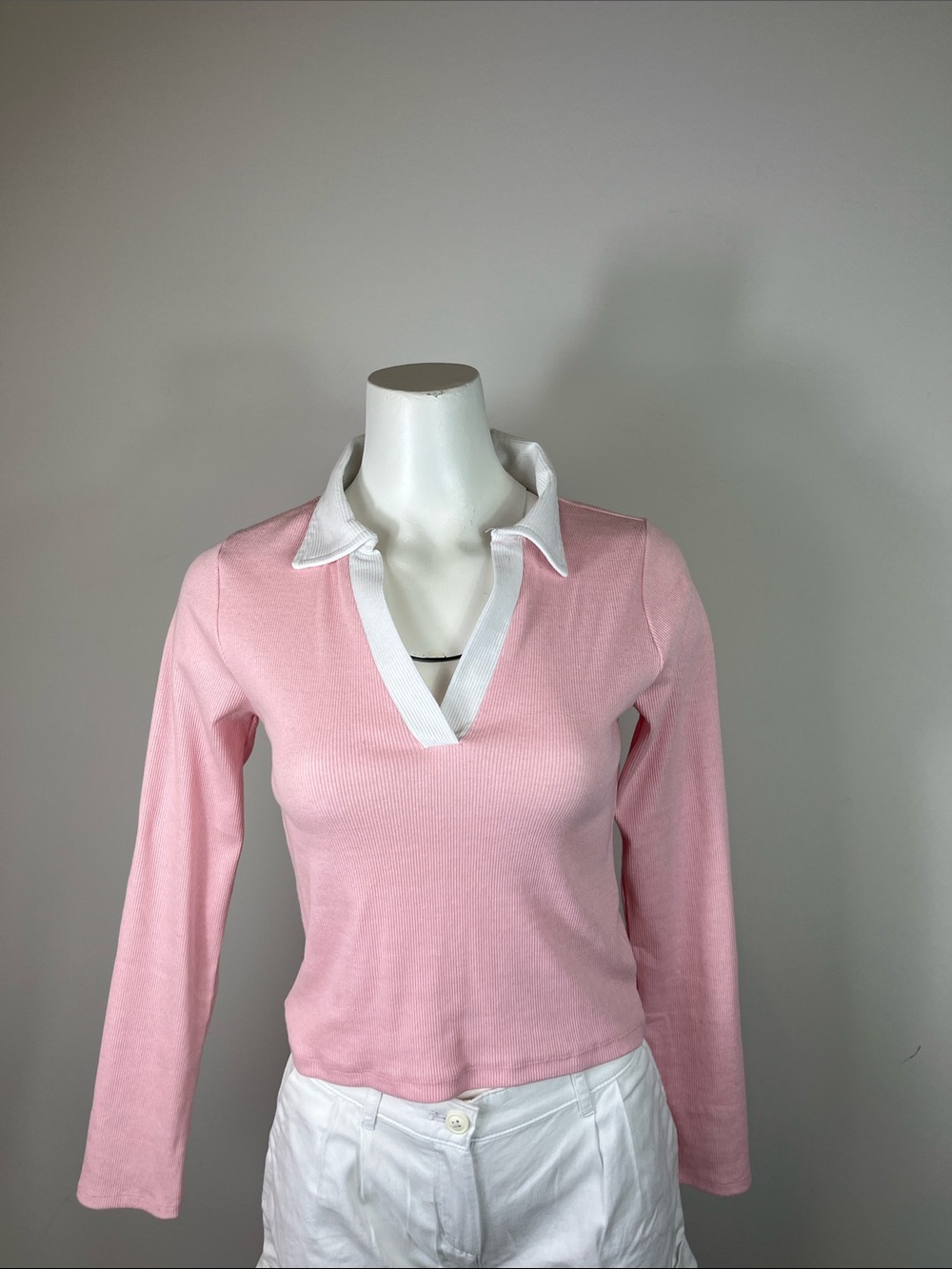 Classic Pink Long-Sleeve Polo V-Neck Top